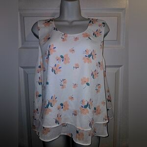 Simply Styled Floral Sleeveless Blouse - White and Peach Size Large